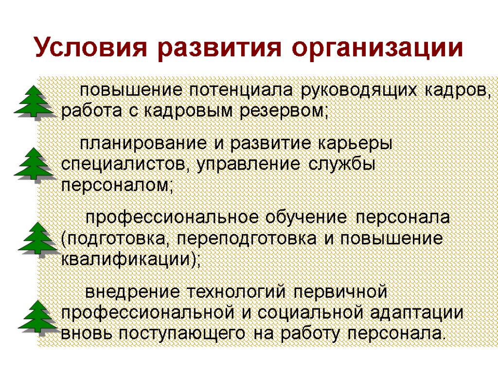 Условия развития организации повышение потенциала руководящих кадров, работа с кадровым резервом; планирование и развитие